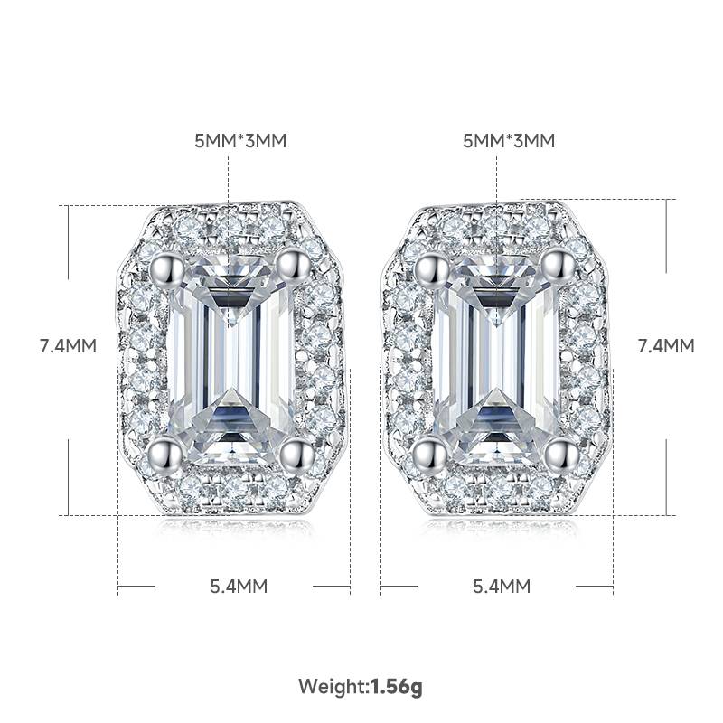 Light luxury rectangular S925 silver plated platinum Moissanite diamond pendant earring set